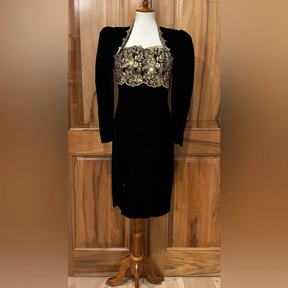 scott mcclintock black dress Scott McClintock Vintage 80s 90s Black Satin Polka Dot Party Prom Dress  size 16